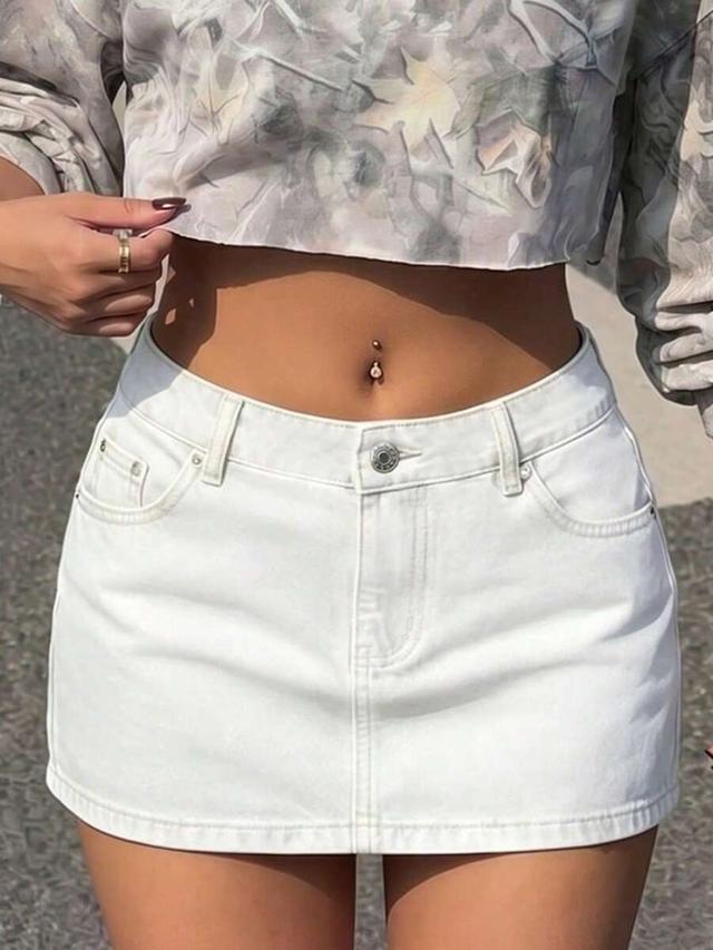 white denim mini skirt with classic five-pocket styling