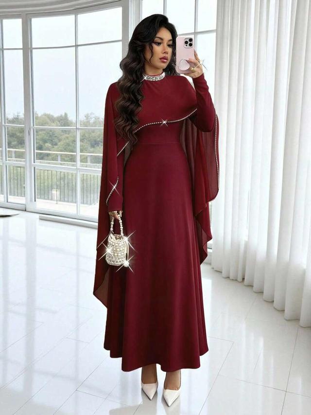 burgundy elegant cape-sleeve maxi dress with crystal trim