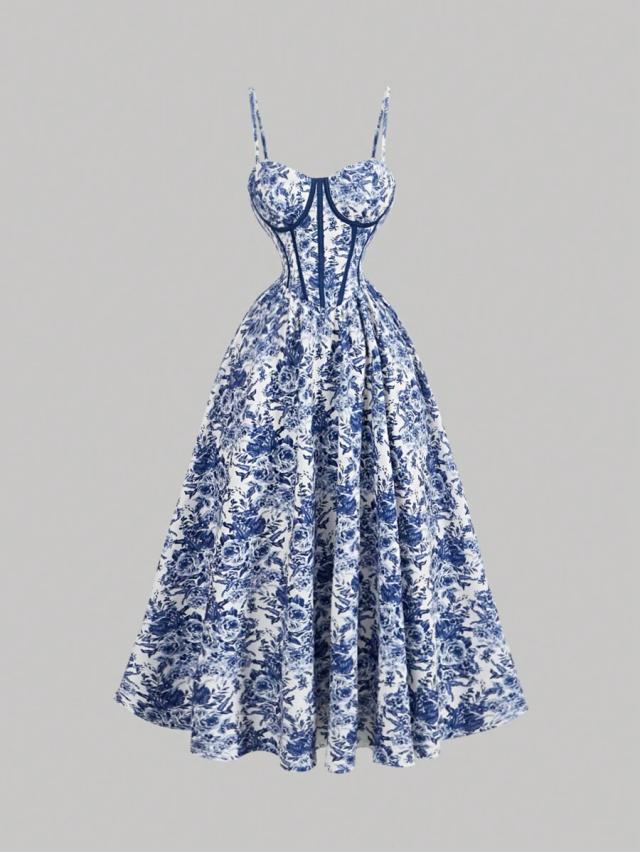 blue and white floral print corset midi dress