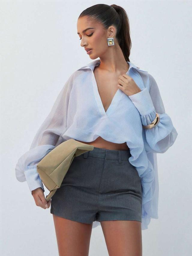 light blue sheer striped balloon sleeve crop shirt