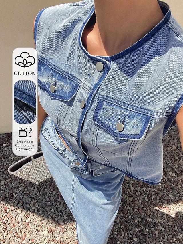denim sleeveless top and long skirt set