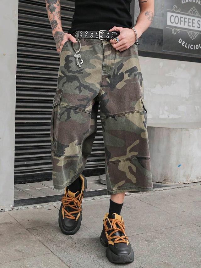 multicolor camouflage denim cargo bermuda shorts