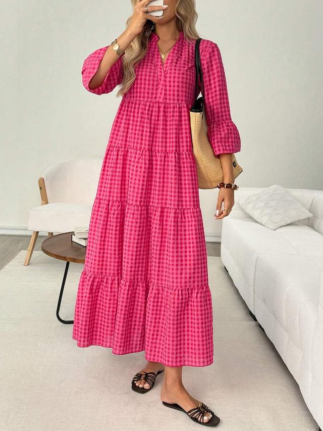 pink gingham tiered midi dress with v-neck