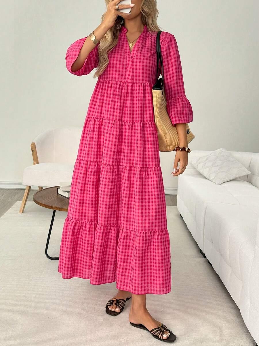 pink gingham tiered midi dress with v-neck