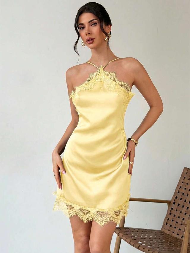 yellow satin lace trim spaghetti strap mini dress