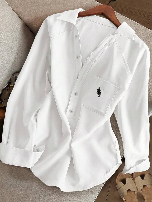 resyla women's solid color minimalist relaxed fit embroidered shirt