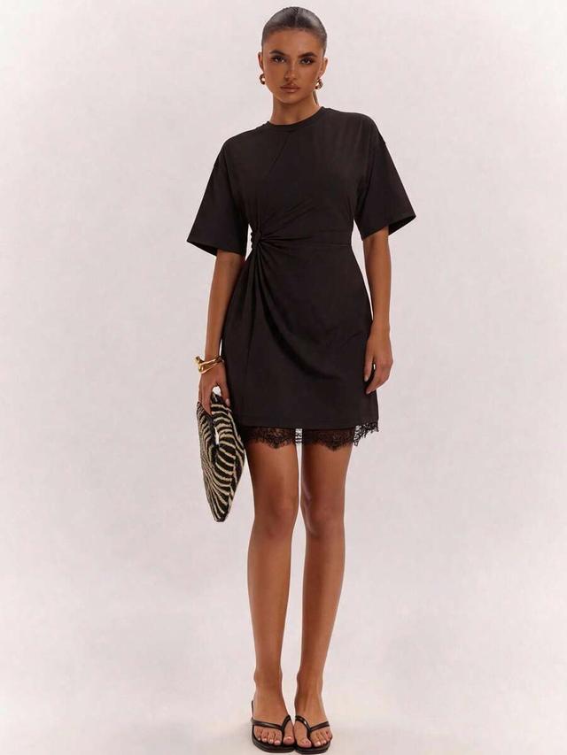 black cotton twist waist t-shirt dress with lace hem