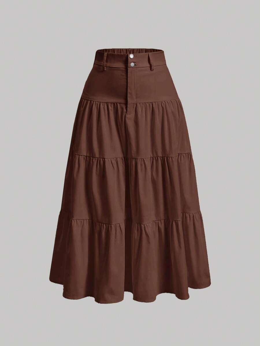 solid brown multi-layered ruffle hem midi skirt
