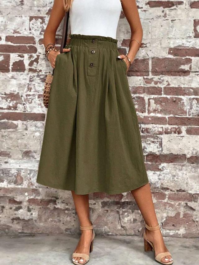 olive green cotton blend ruffle waist midi skirt