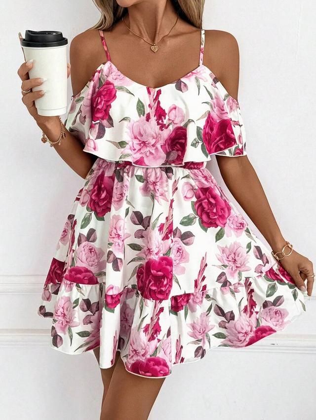 floral ruffle v-neck short sleeve slip dress