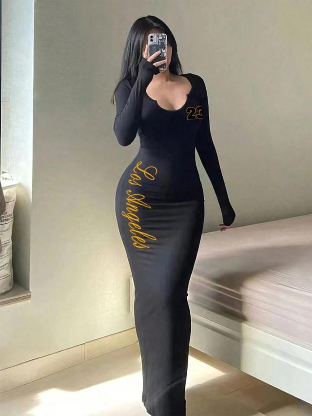 black long sleeve v-neck bodycon dress with graphic
