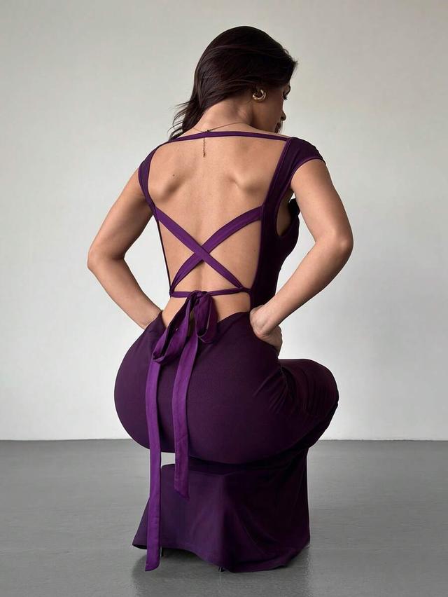 dark purple cowl neck backless criss-cross tie bodycon dress