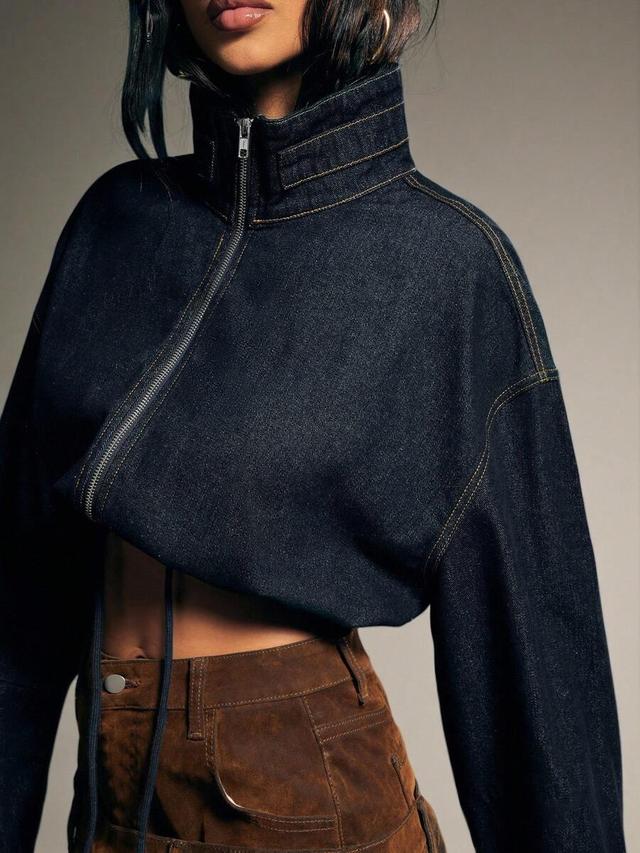 cropped dark wash denim zip-up jacket