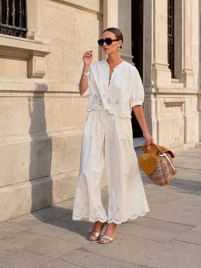 bohemian embroidered eyelet wide-leg trousers