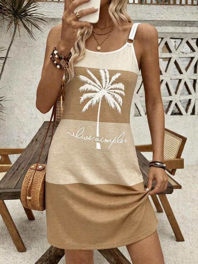 color block coconut tree print slip dress
