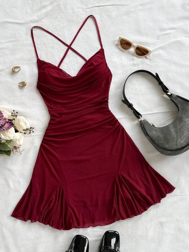 burgundy draped neck spaghetti strap mesh mini dress
