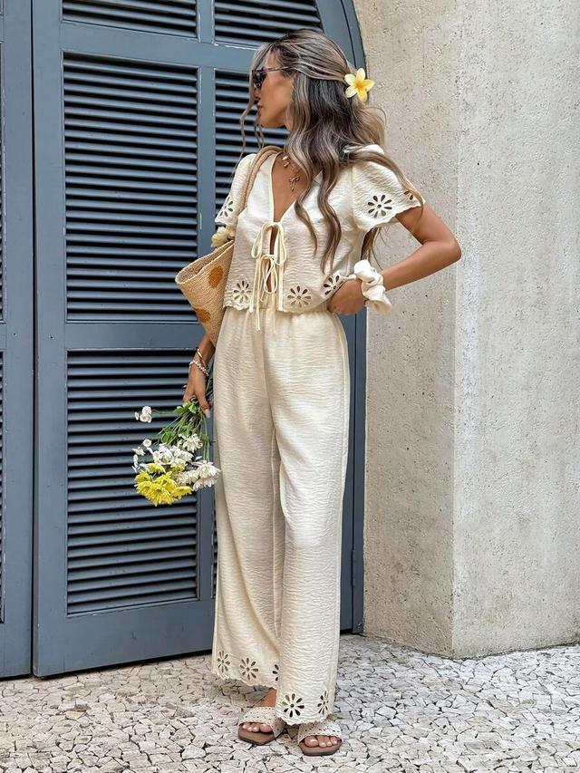 light beige laser cut embroidery tie front top and wide-leg pants set