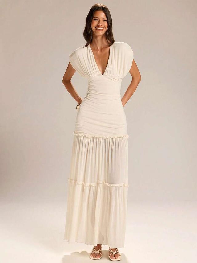 apricot deep v pleated waist mesh maxi dress