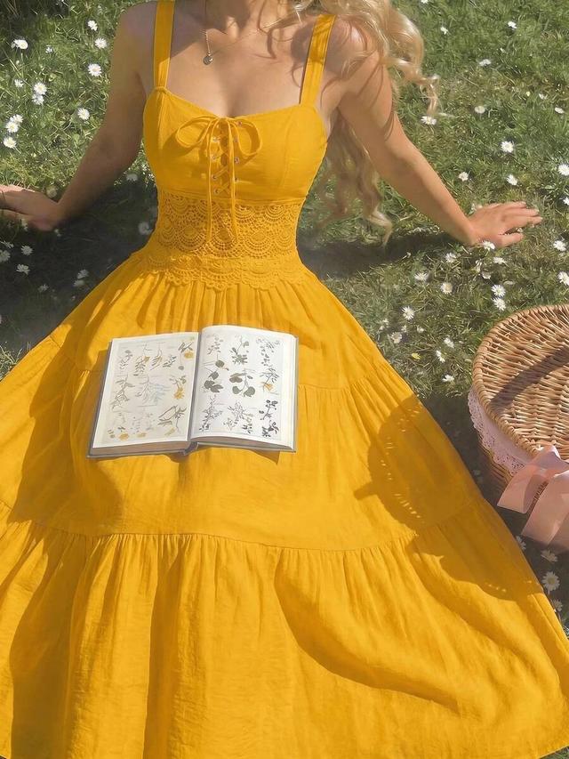 yellow lace up cami tiered summer dress
