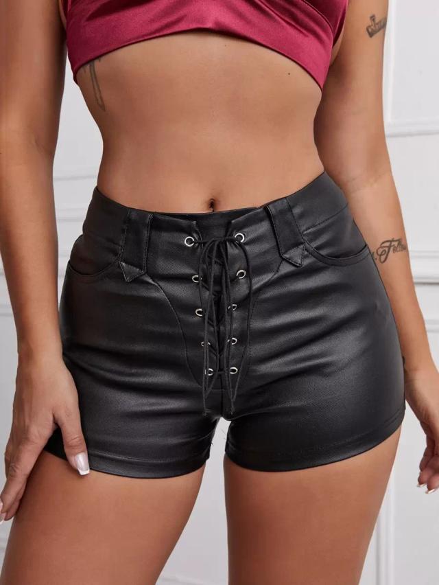 flirla garment eyelets lace up front solid shorts