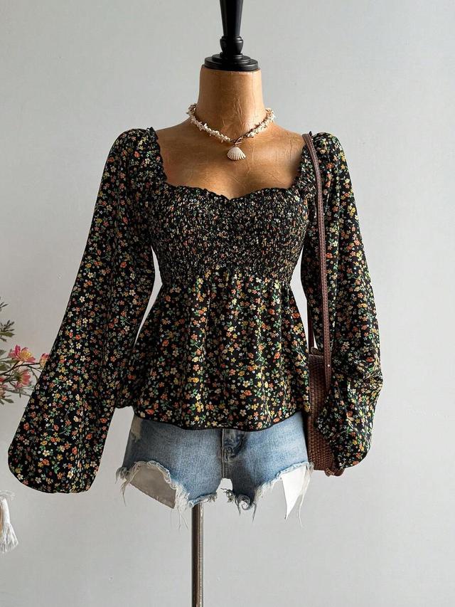 vintage bohemian floral pleated long sleeve blouse