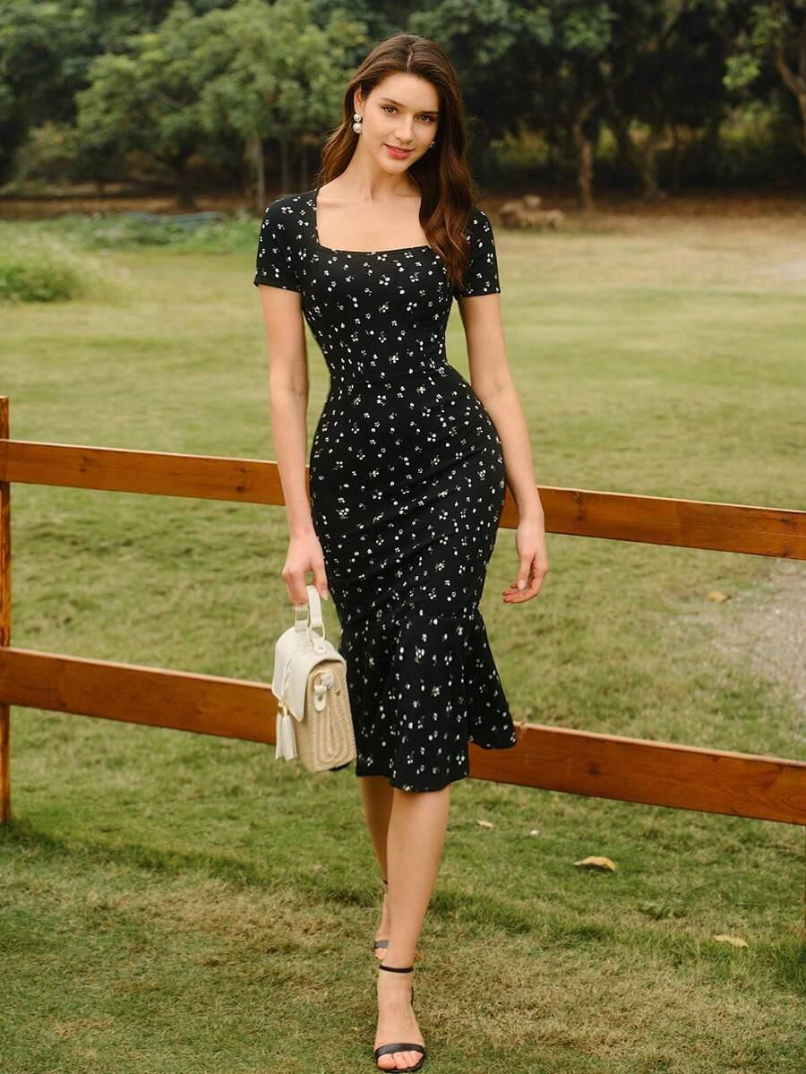 vintamour black and white ditsy floral bodycon ruffle dress
