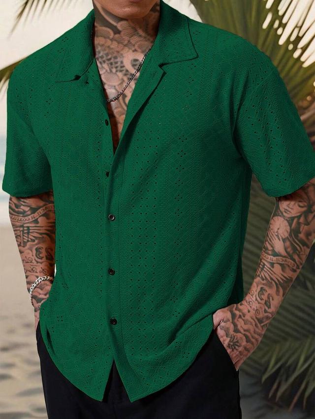 dark green textured crochet short sleeve button down shirt