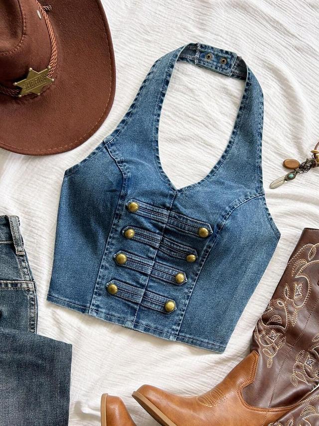 napoleon style denim halter top with brass buttons