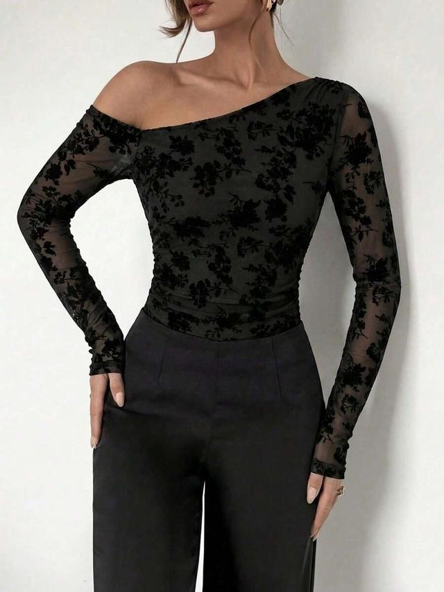 rosydaze women's textured flocked print off-shoulder long sleeve bodysuit