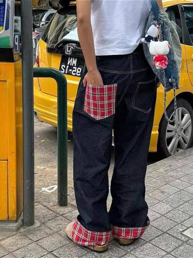 red plaid plaid splicing crimped wide-leg straight loose jeans