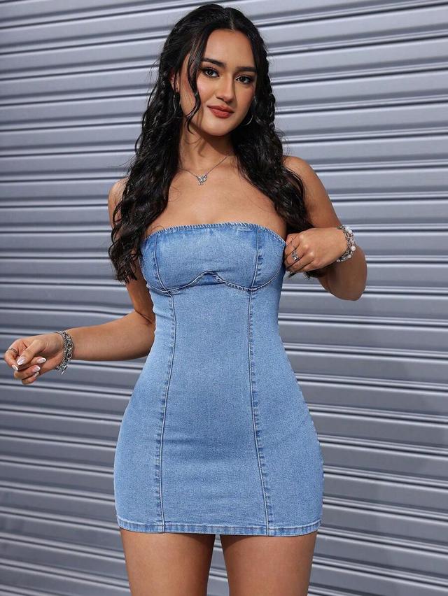 light wash denim strapless corset mini dress