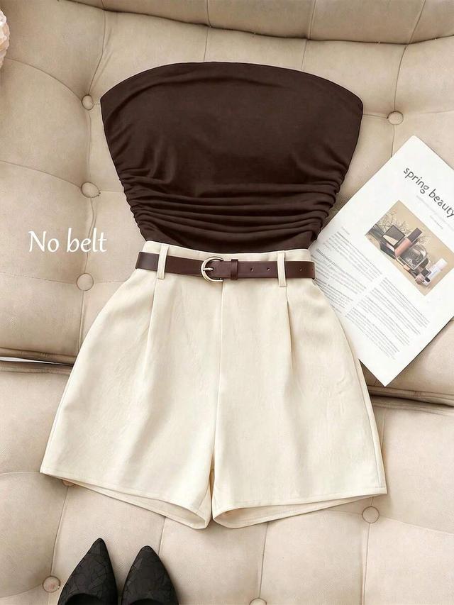 solid brown ruched camisole and cream shorts set
