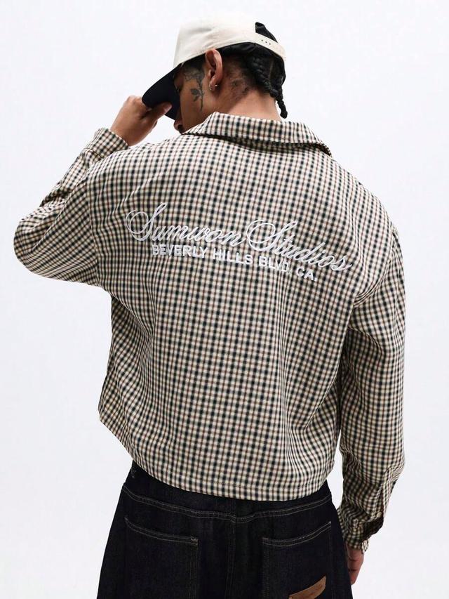 checkered button down cropped overshirt with embroidered text