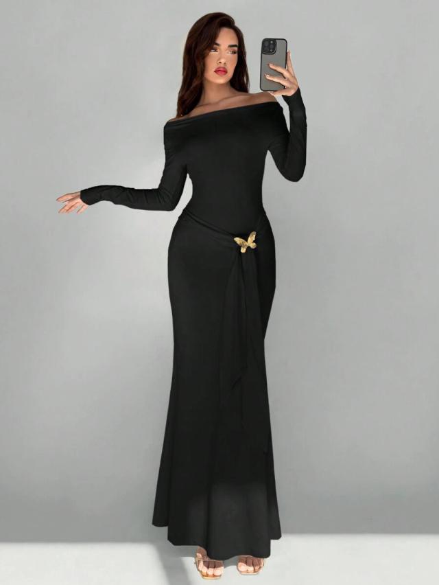 elegant black off shoulder long dress with metallic bow