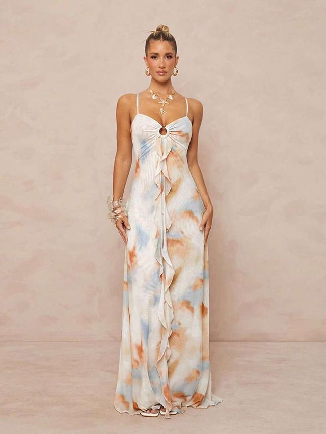 tie-dye print maxi dress with center ring detail
