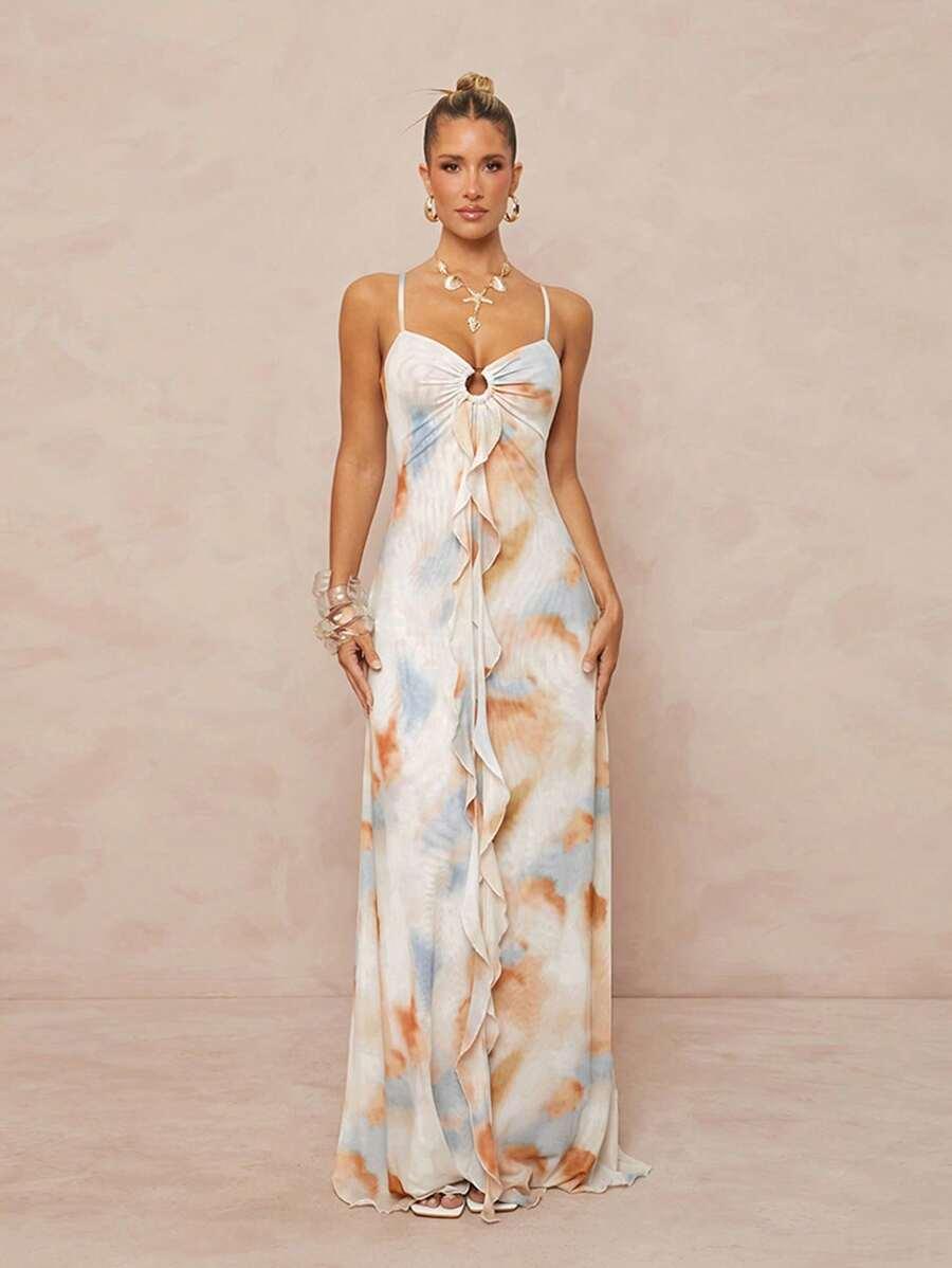 tie-dye print maxi dress with center ring detail