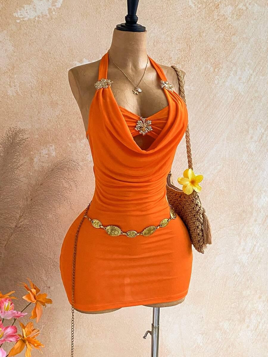 orange cowl neck halter mini dress with embellishments