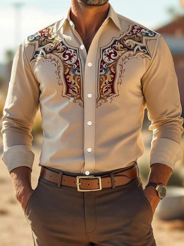 men's casual contrast color retro print long sleeve shirt