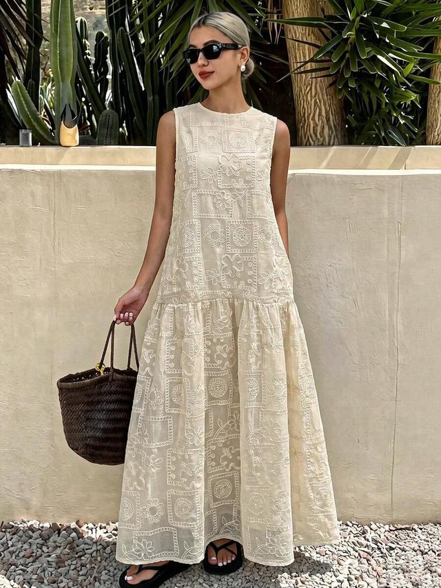 solid color embroidered sleeveless loose long sundress