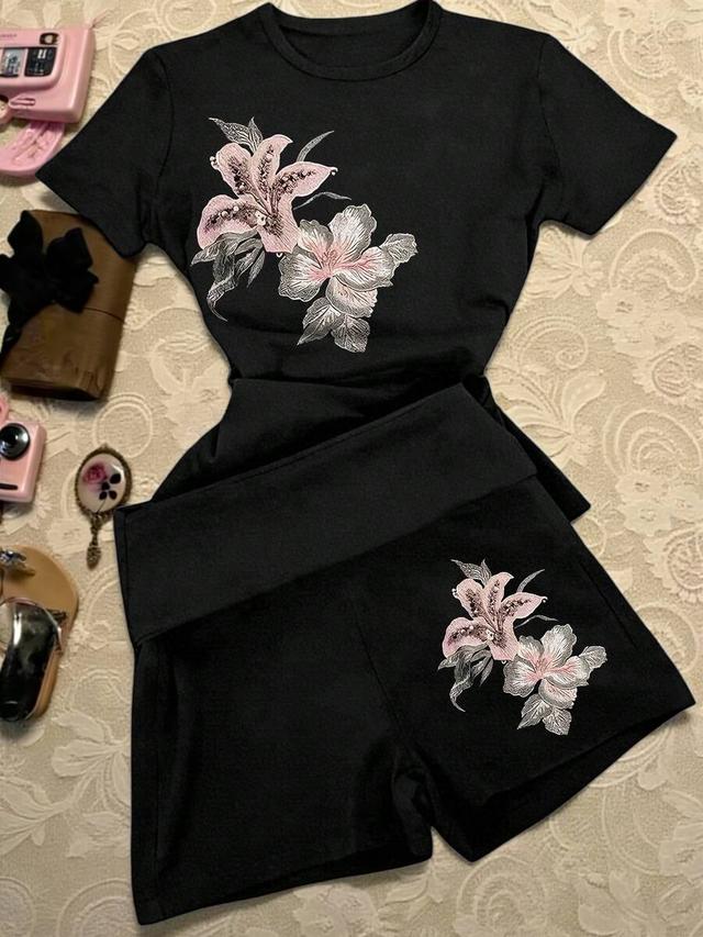 black floral embroidered casual two piece set