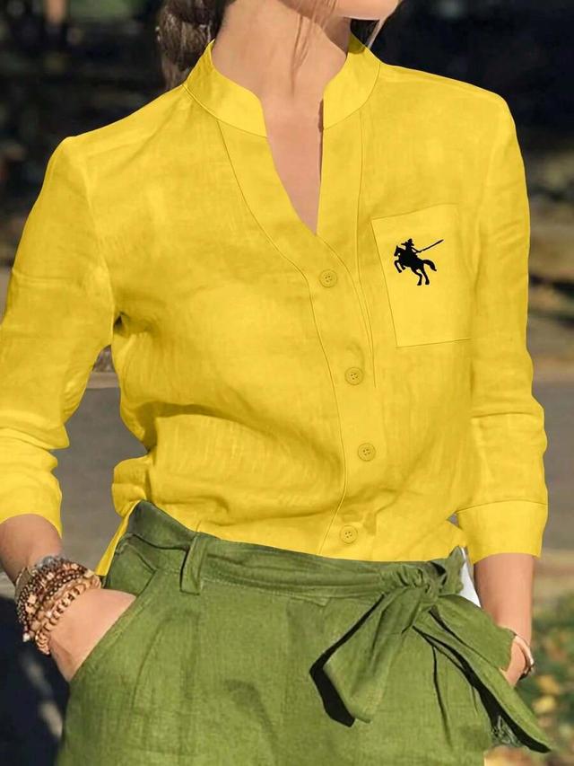 yellow linen blend equestrian print casual shirt