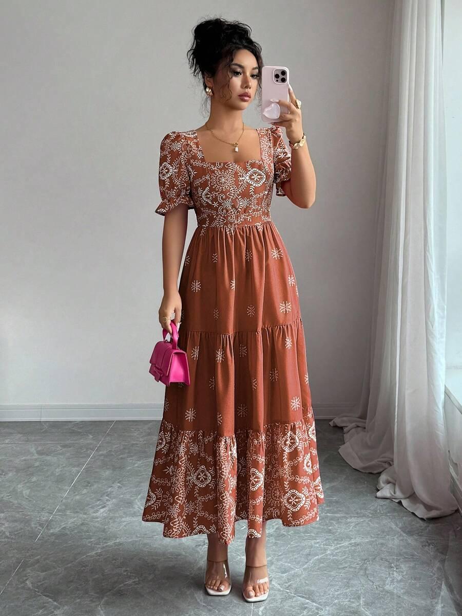 rust square neck floral print gathered a-line dress