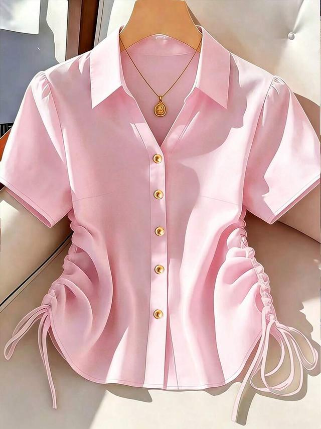 pink solid color side drawstring casual shirt