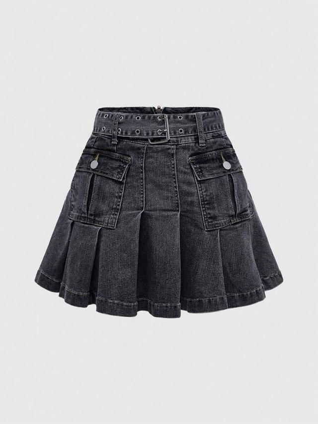 black denim pleated mini skirt with utility pockets