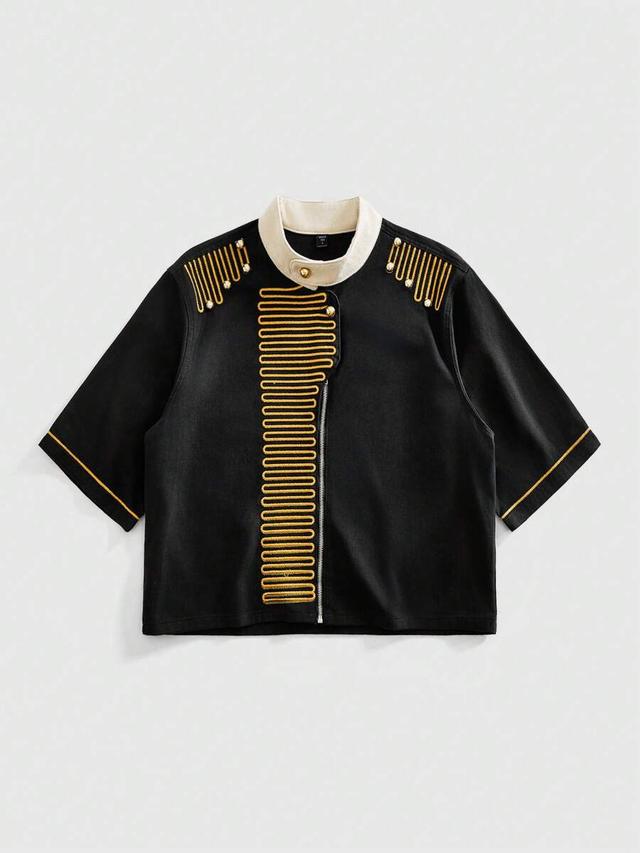 black denim military style shirt with gold cord trim