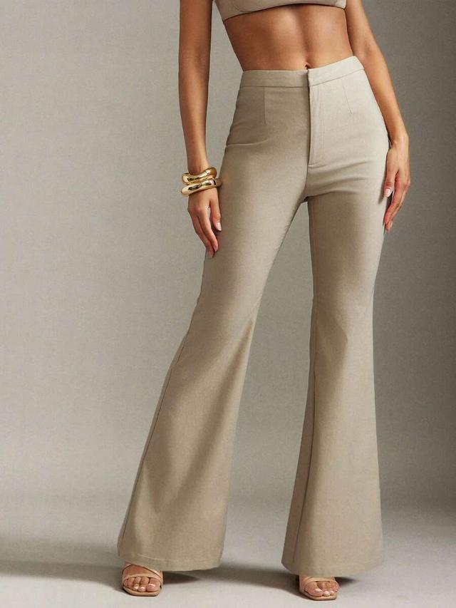 khaki high waist solid flare leg trousers