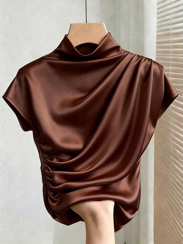 brown satin mock neck pleated fitted short sleeve top