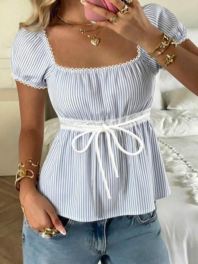 blue and white striped lace trim puff sleeve top