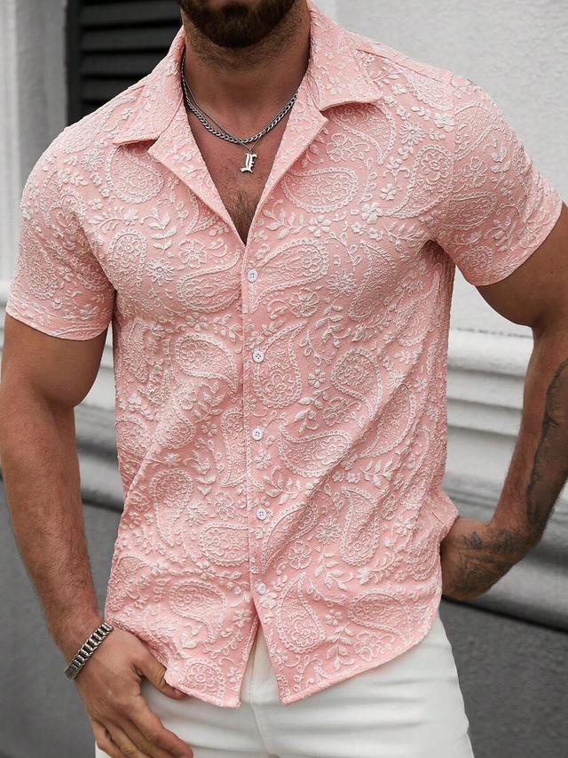 pink paisley jacquard short sleeve button down shirt
