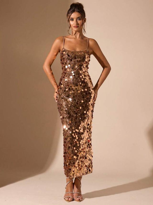 brown sequin spaghetti strap backless cocktail dress